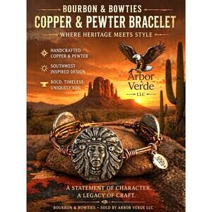 Burboun & Bowties Women Bracelet copper wire , 3 Pewter Indian Heads, Vintage !